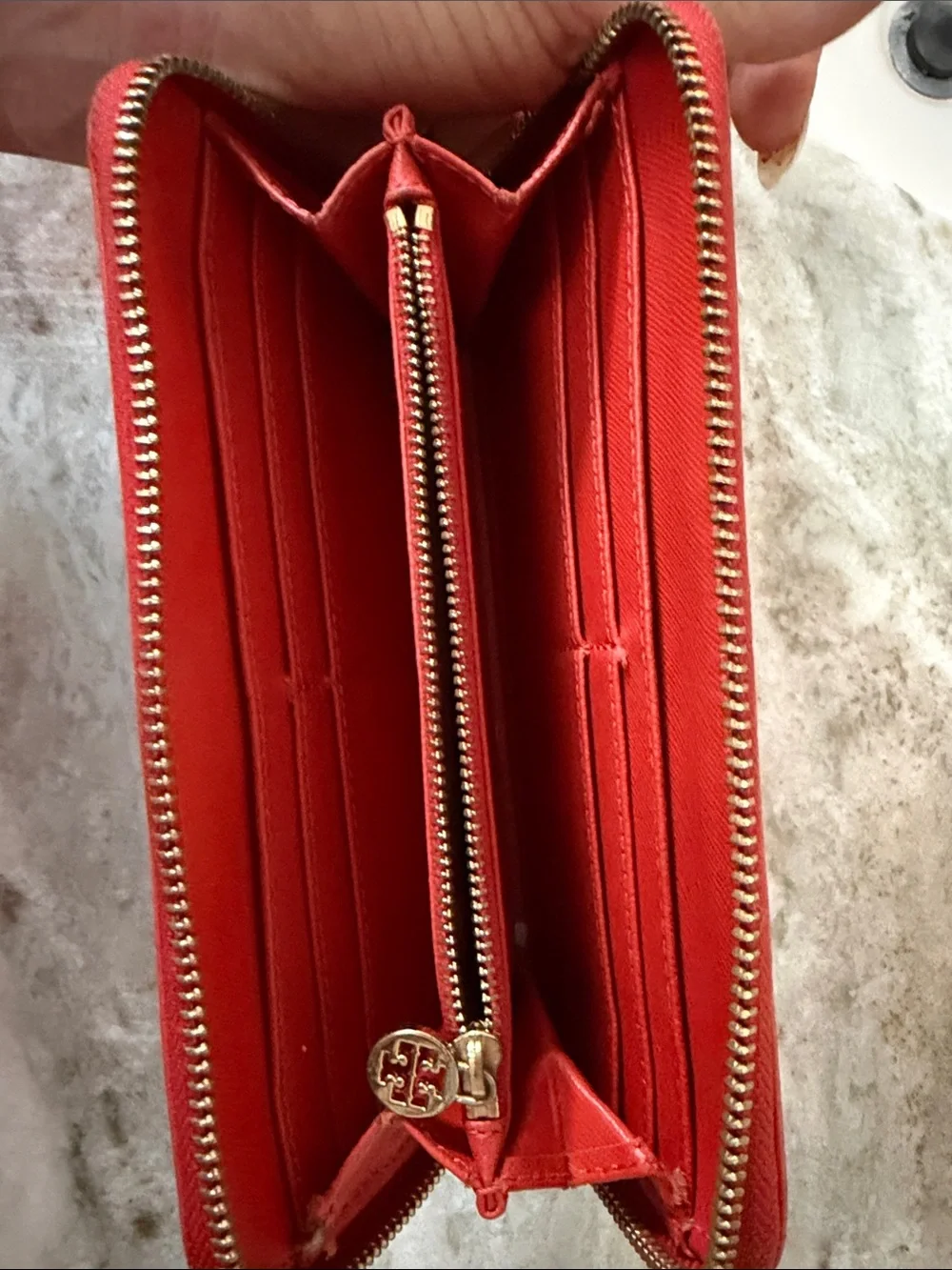 Tory Burch Coral-Red Zip Wallet with Gold Logo